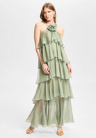 Abendkleid aus Crinkle Chiffon mit gestuften Volants khaki green