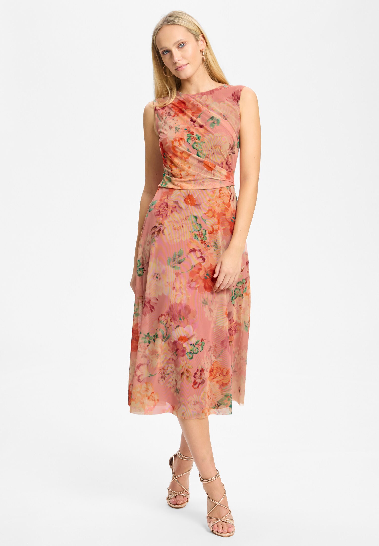 Midi Kleid aus Mesh mit Blumendruck blush rose