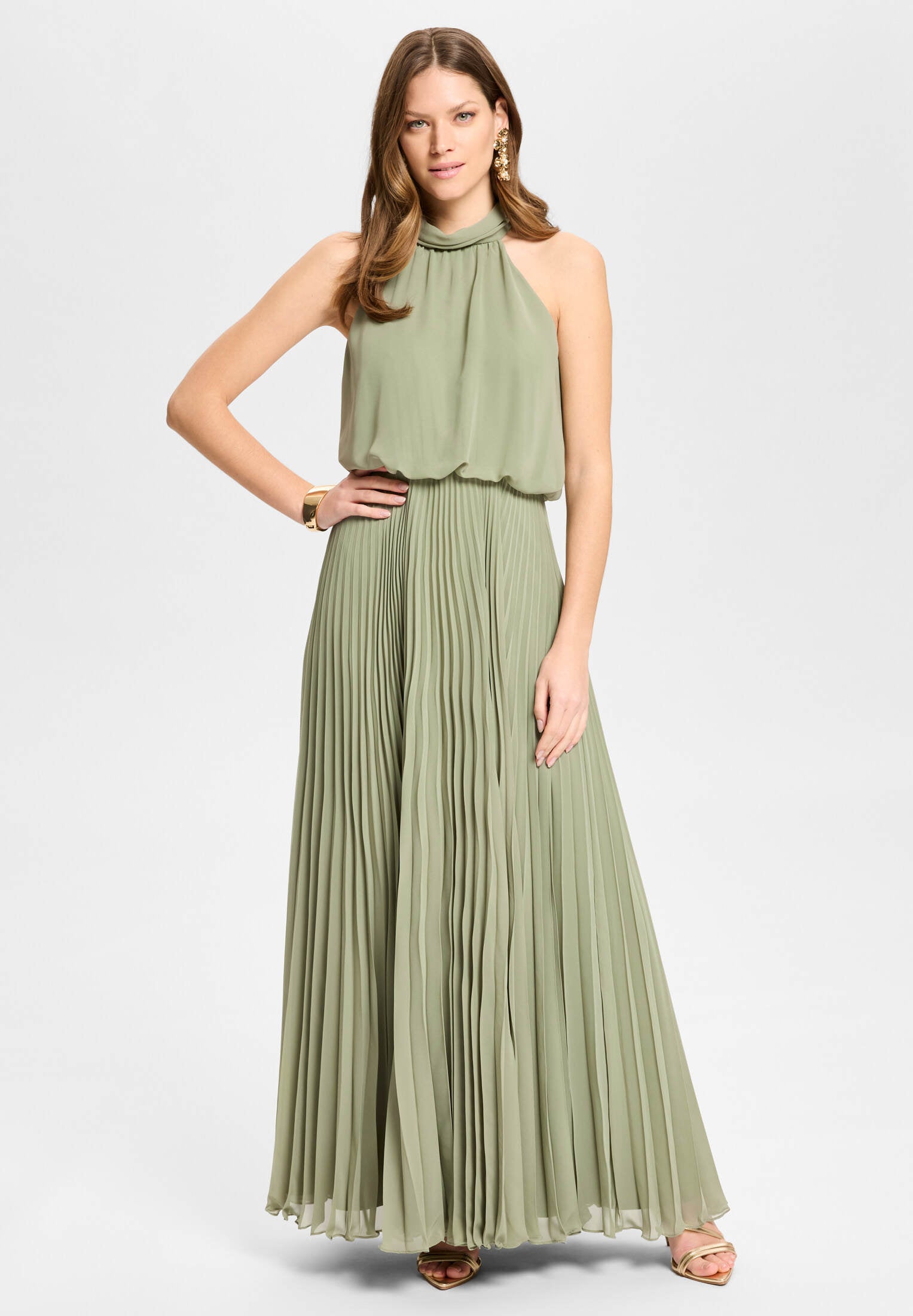 Abendkleid aus Chiffon mit Plisseerock khaki green