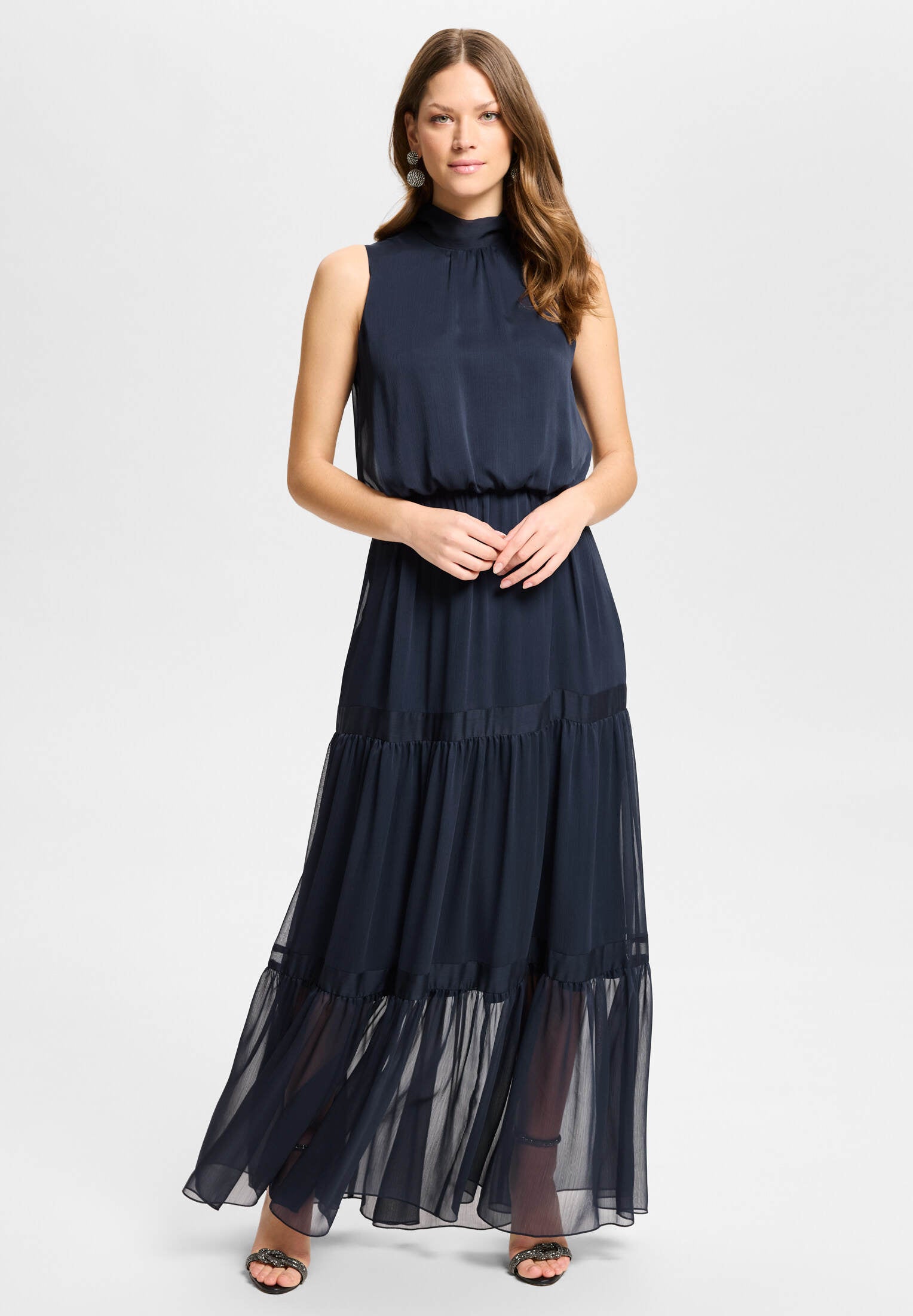 Abendkleid aus Crinkle Chiffon mit Stufenrock navy
