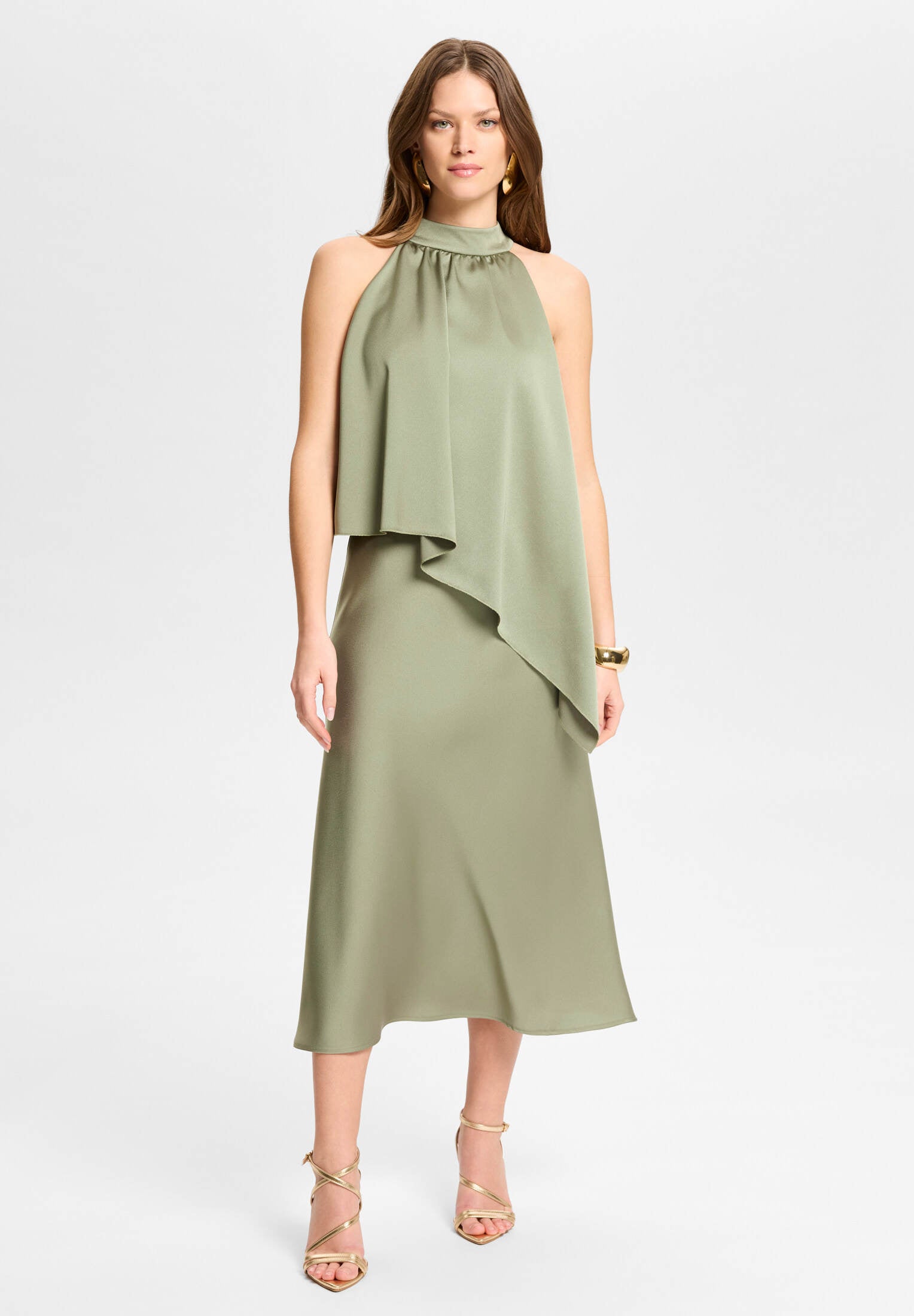 Cocktailkleid aus Satin mit amerikanischer Schulter khaki green