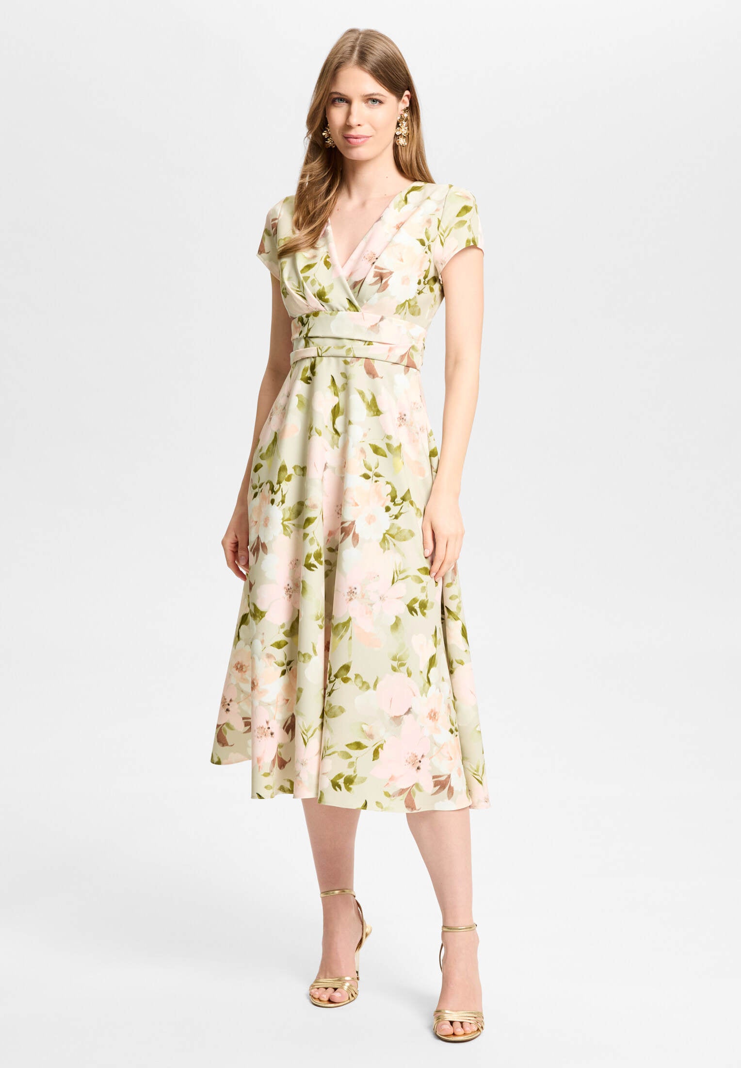 Midi Kleid aus floral bedrucktem Scuba khaki green | multi