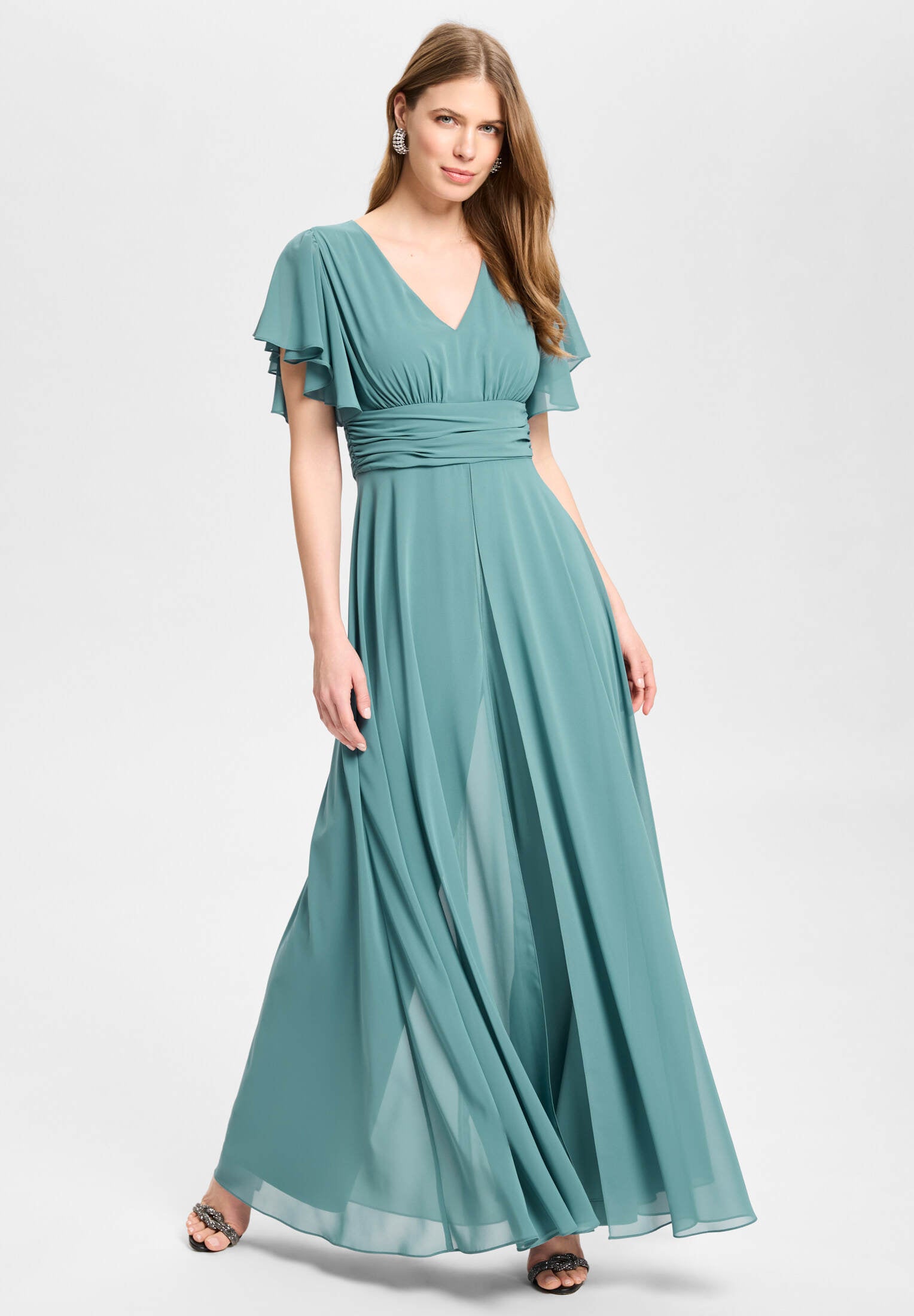 Chiffon Jumpsuit mit Überrock und Volantärmeln teal green