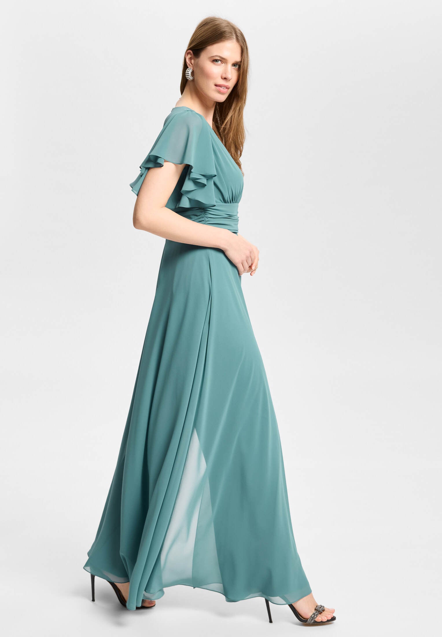Chiffon Jumpsuit mit Überrock und Volantärmeln