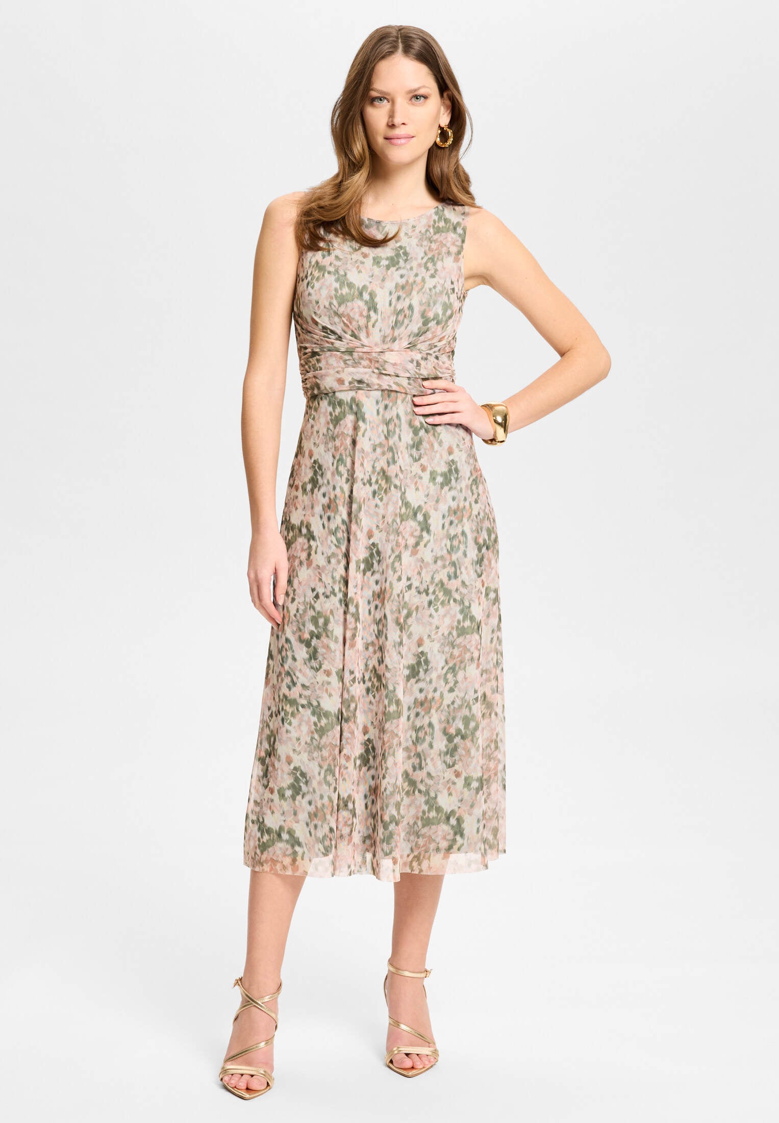 Midi Kleid aus bedrucktem Mesh mit Twist Detail soft pink | khaki green