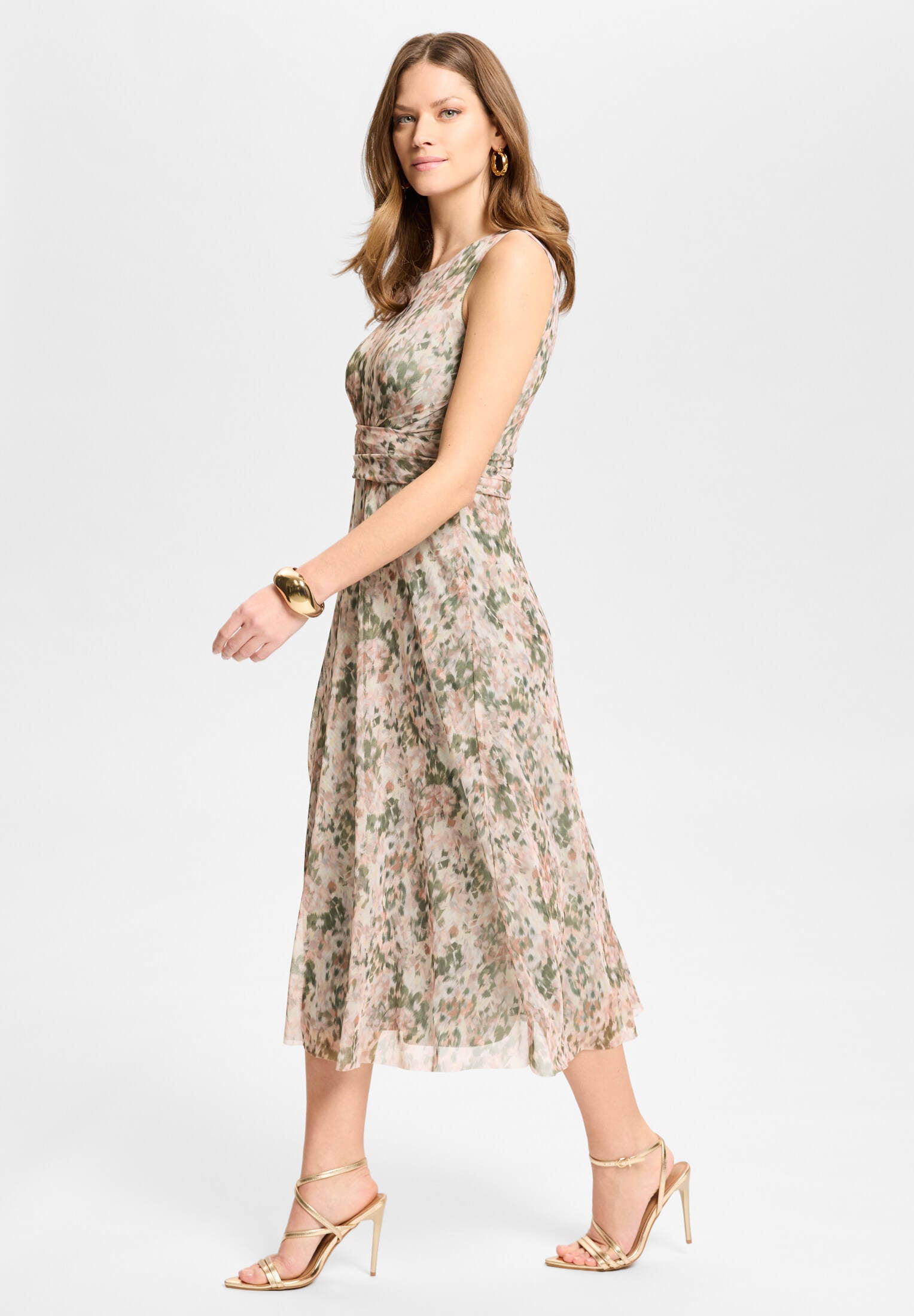 Midi Kleid aus bedrucktem Mesh mit Twist Detail