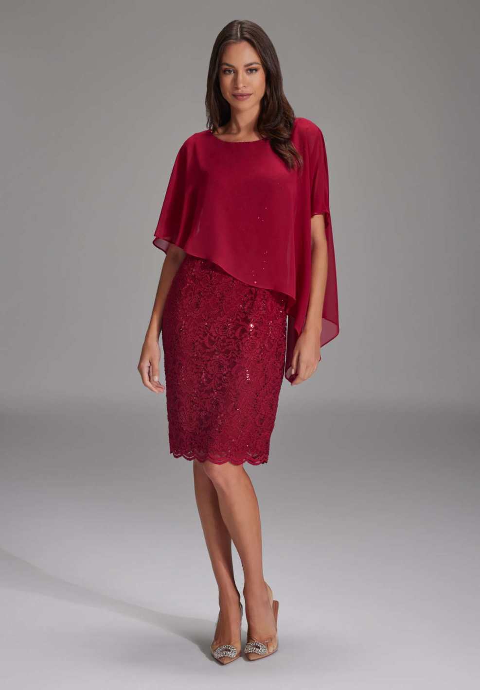 Pailletten-Kleid mit asymmetrischem Chiffon-Überwurf rio red