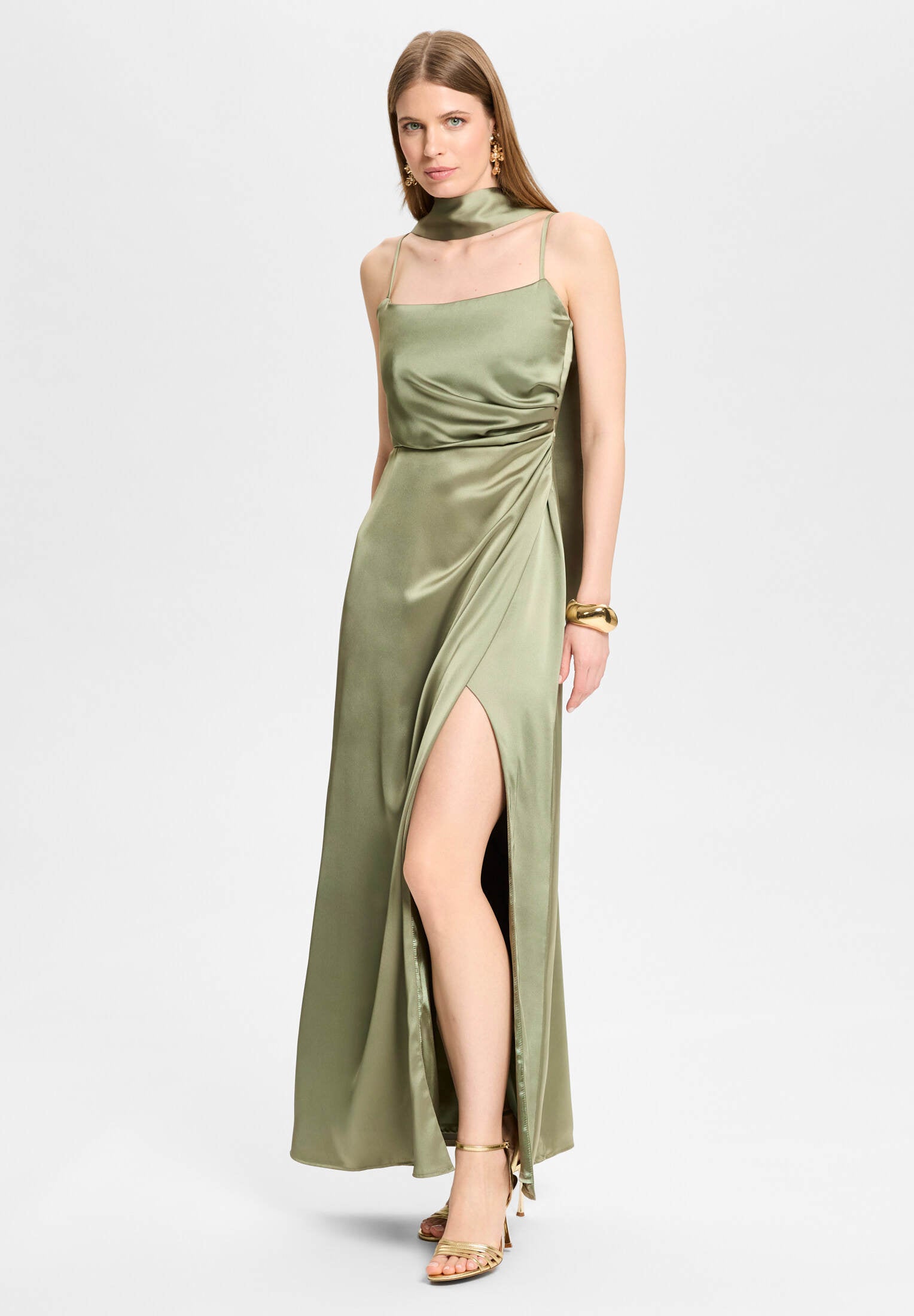 Abendkleid aus Stretch Satin khaki green