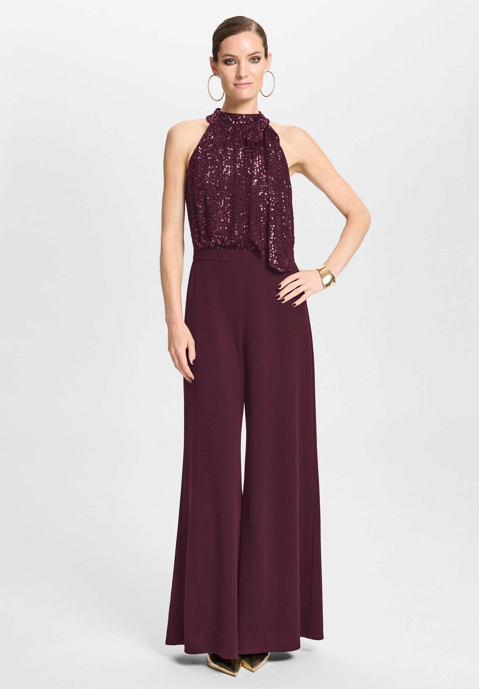 Ärmelloser Jumpsuit mit Schluppenblusen Top aus elastischer Paillette merlot