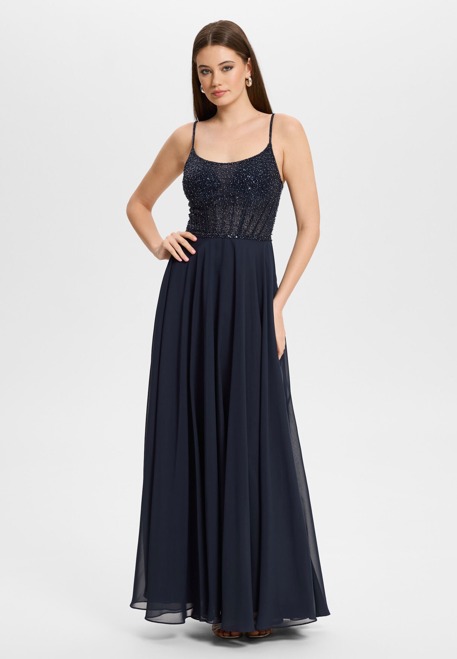 Chiffonkleid mit besticktem Top navy
