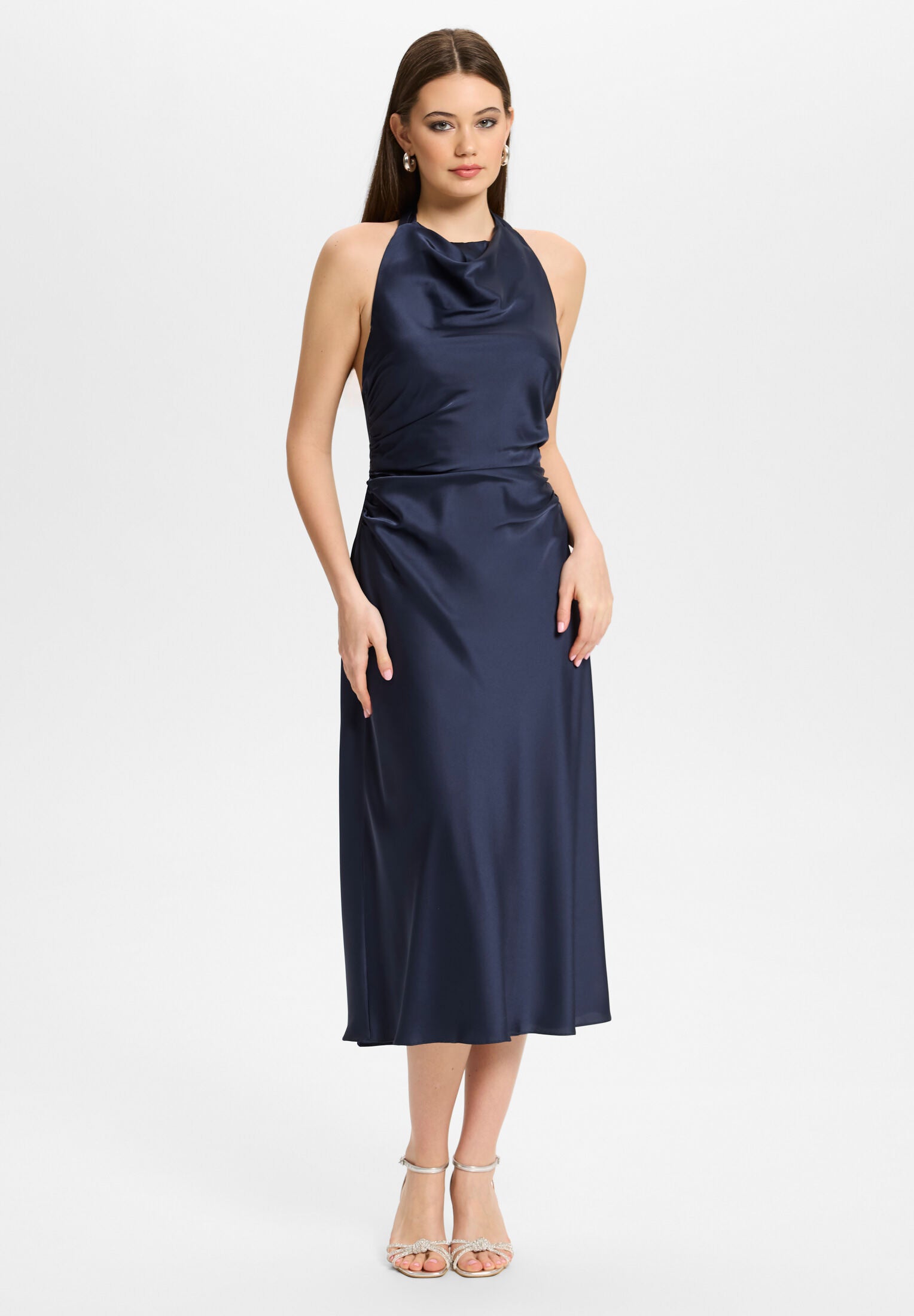 Midikleid aus Satin mit Rückenausschnitt navy