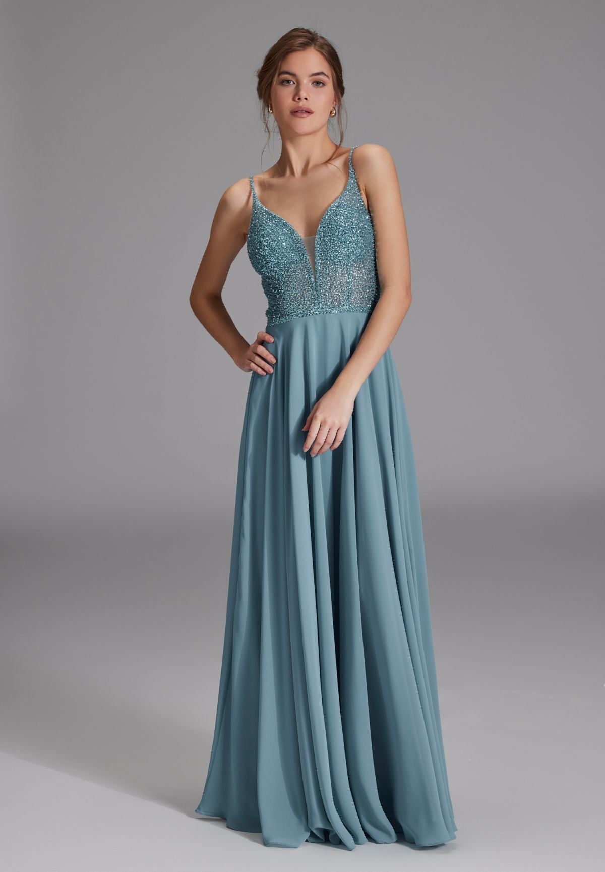 Langes paillettenbesticktes Abiball-Kleid sea blue