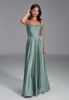 Satinkleid mit drapiertem Top und bestickten Trägern