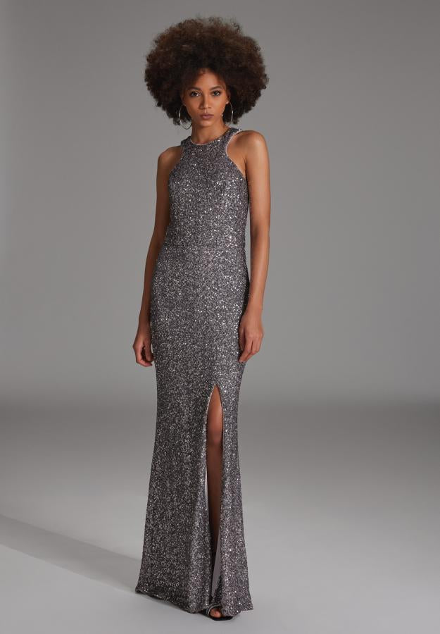 Abendkleid aus elastischer Paillette mit Racer- Back Ausschnitt und Beinschlitz silver grey
