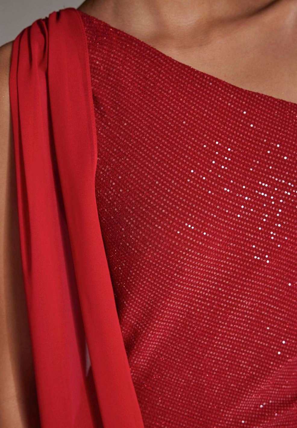 One-Shoulder Abendkleid aus foliertem Jersey mit Chiffon Schal