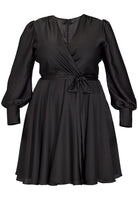 Cocktailkleid aus Satin mit breiten Manschetten, Wickel Oberteil und Tellerrock