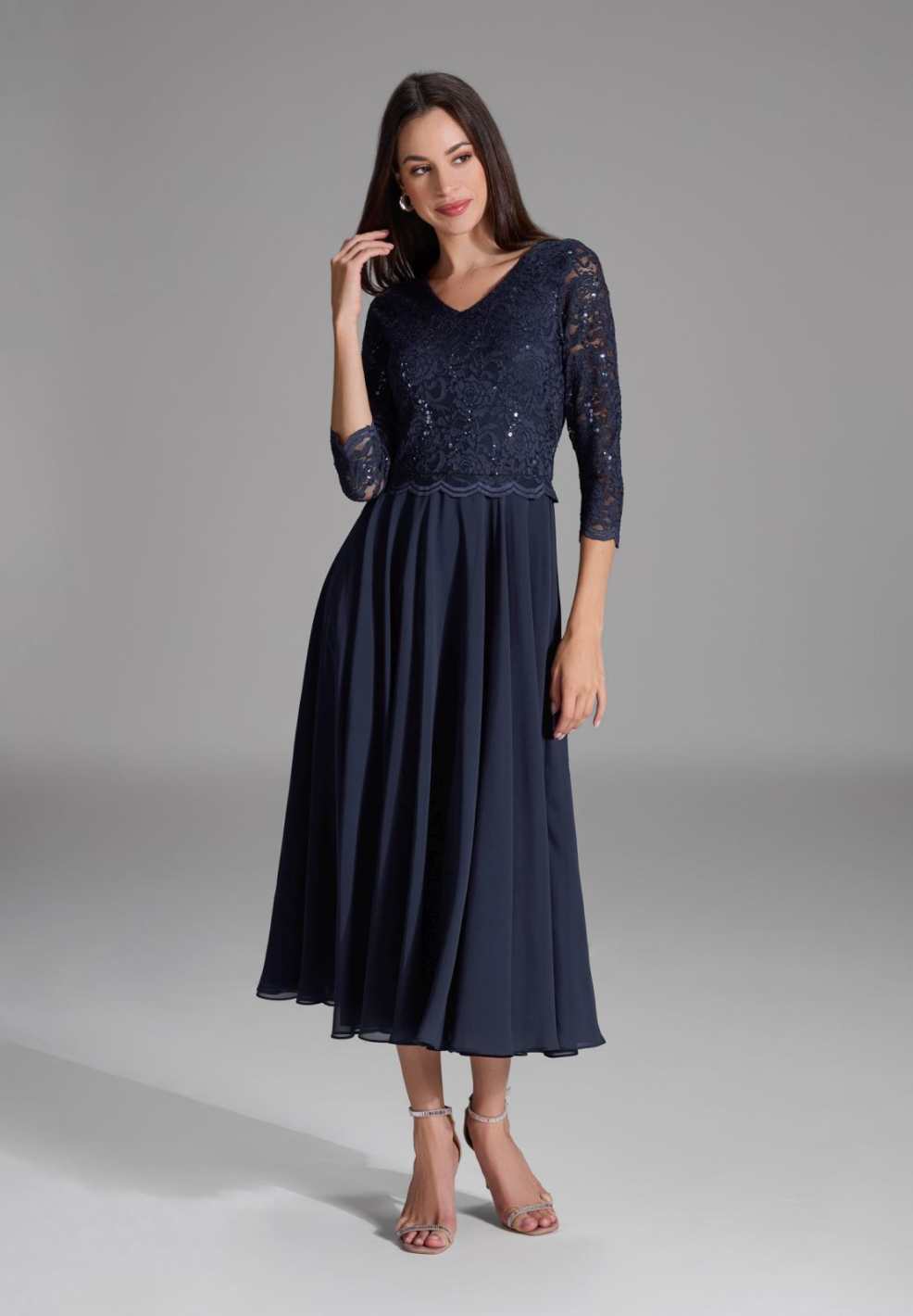 Midi Kleid mit paillettenbesetztem Spitzenoberteil navy
