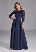 Abendkleid aus Spitze und Chiffon mit ¾ Arm navy