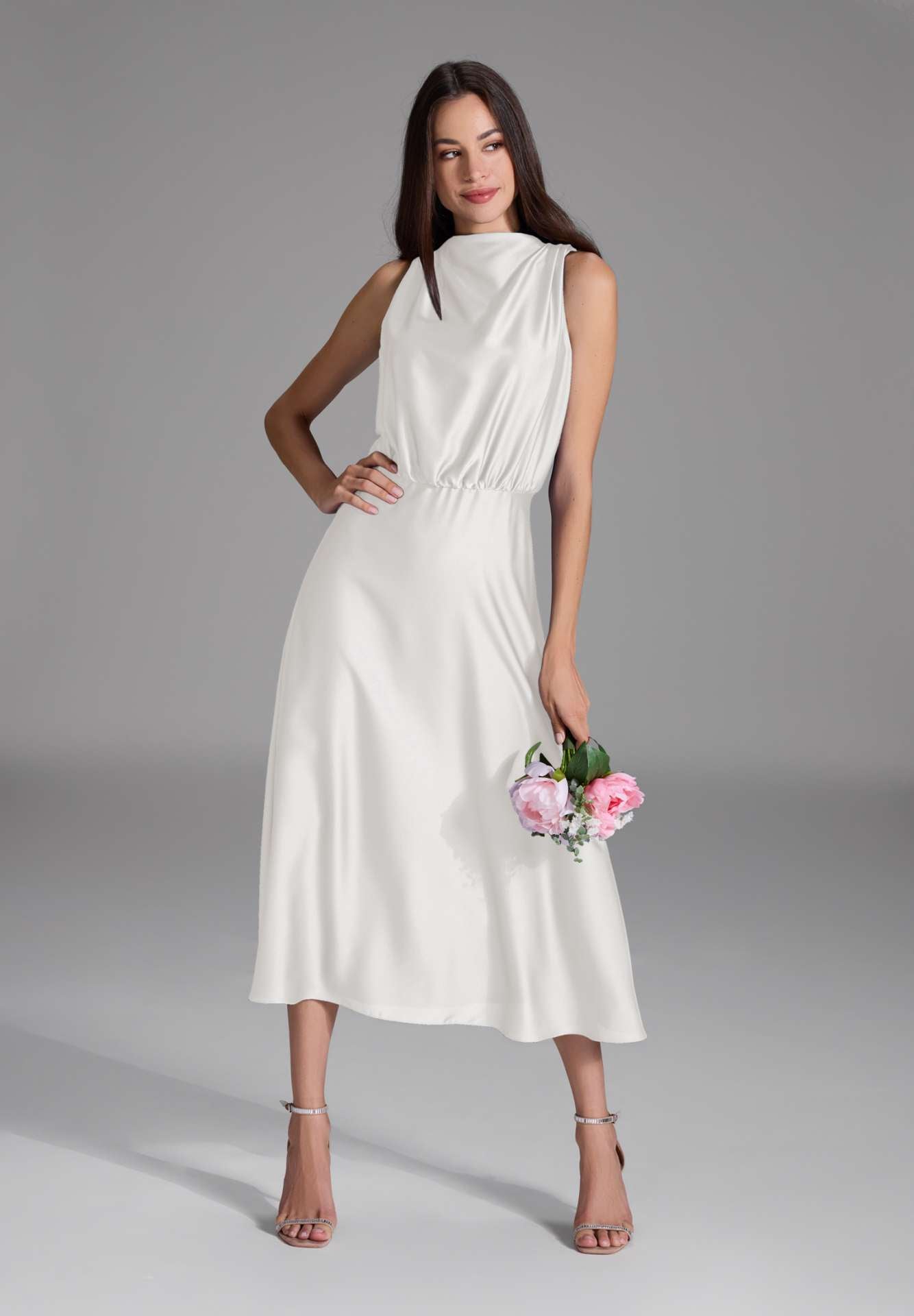 Midi Kleid aus nachhaltigem Satin mit Drapierung am Kragen ivory