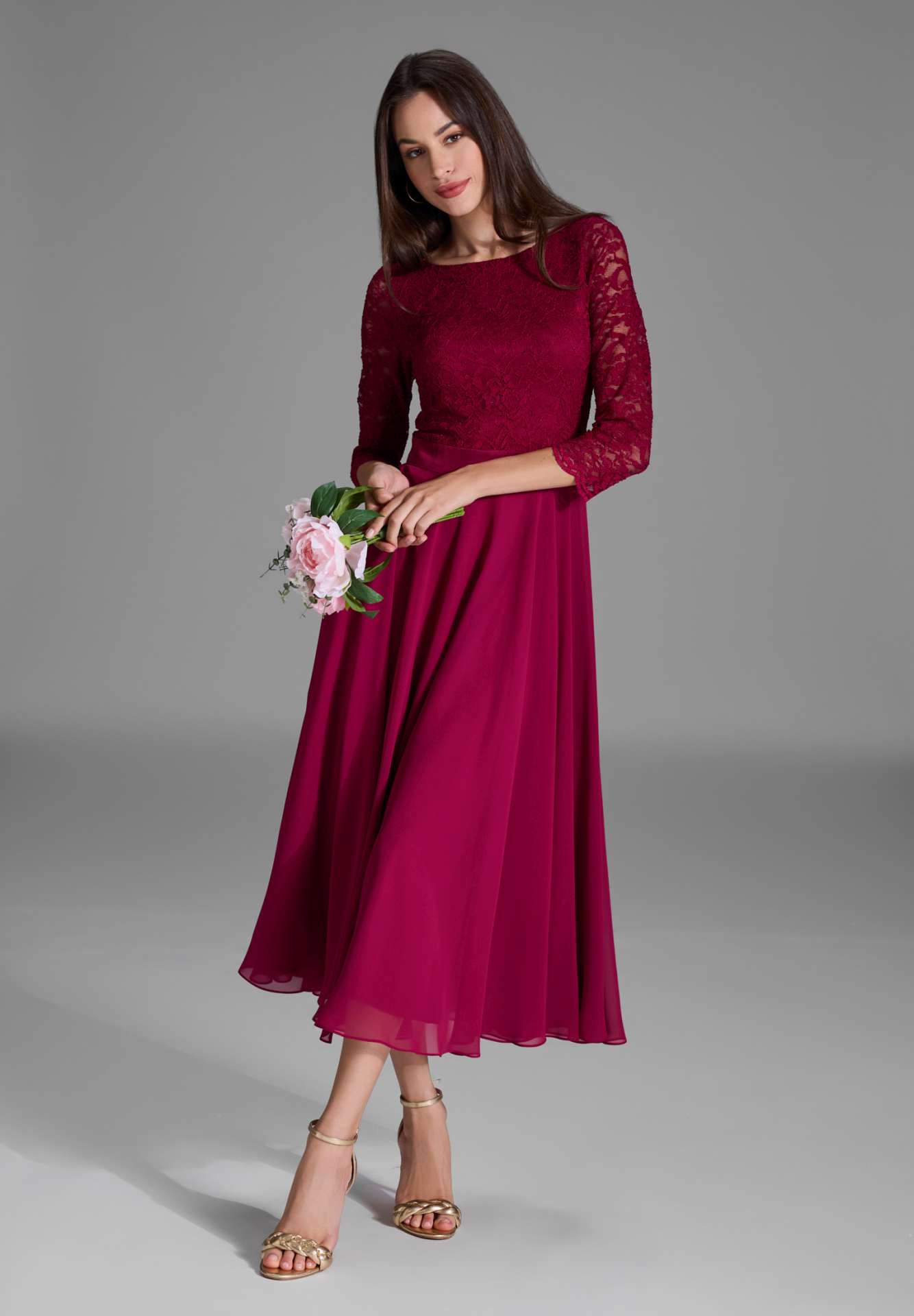 Midikleid mit fließendem Chiffon-Rock ruby red