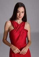 Midi Kleid mit gekreuzten Trägern aus Material-Mix