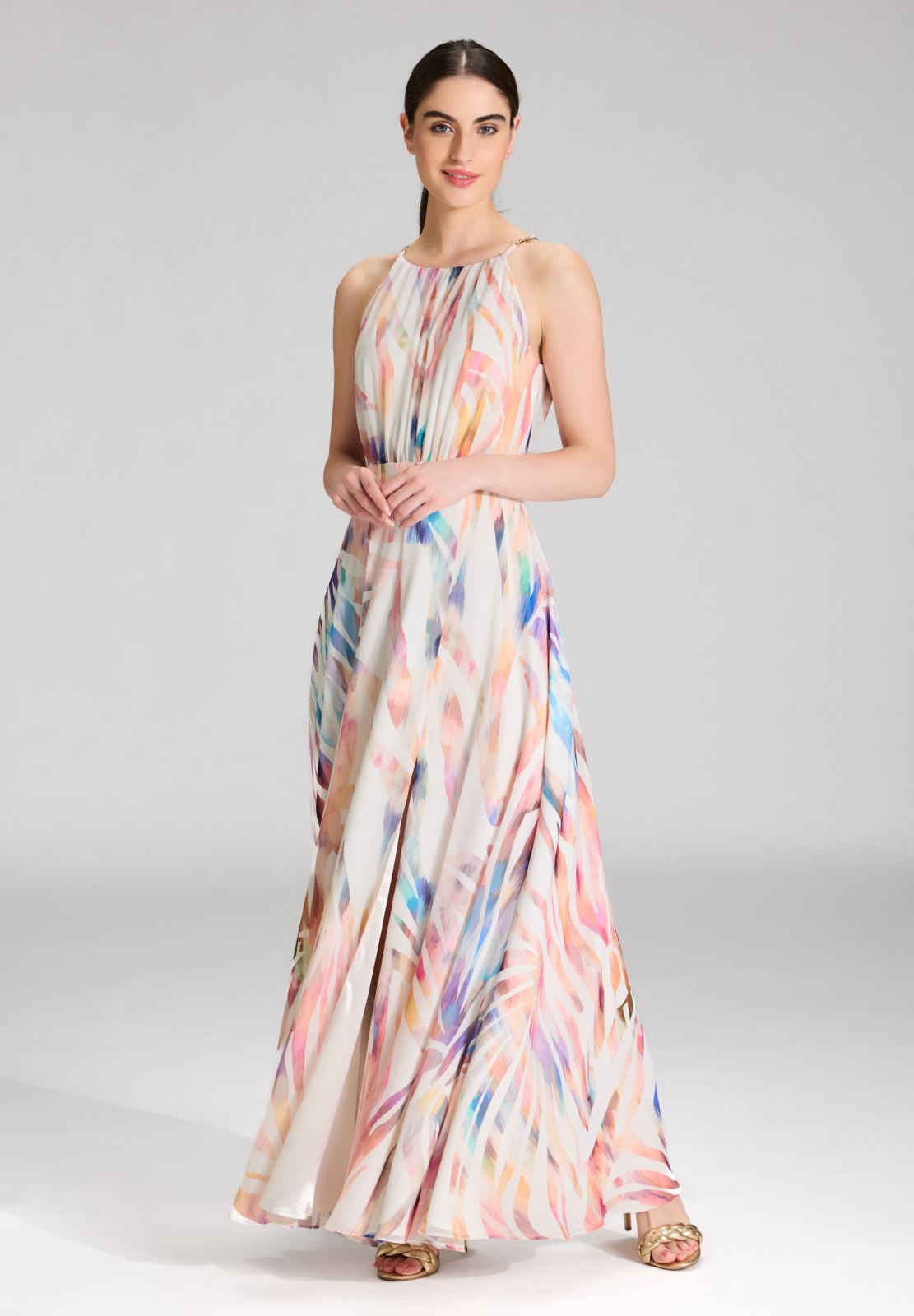 Abendkleid aus Crinkle Chiffon mit Animal Print ivory multi