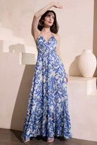 Neckholder Maxi Kleid aus bedrucktem Chiffon mit Glitzerstreifen cruise blue multi