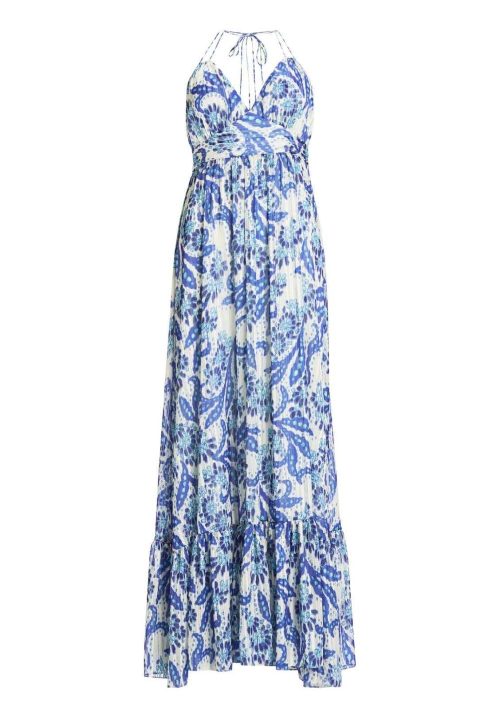 Neckholder Maxi Kleid aus bedrucktem Chiffon mit Glitzerstreifen