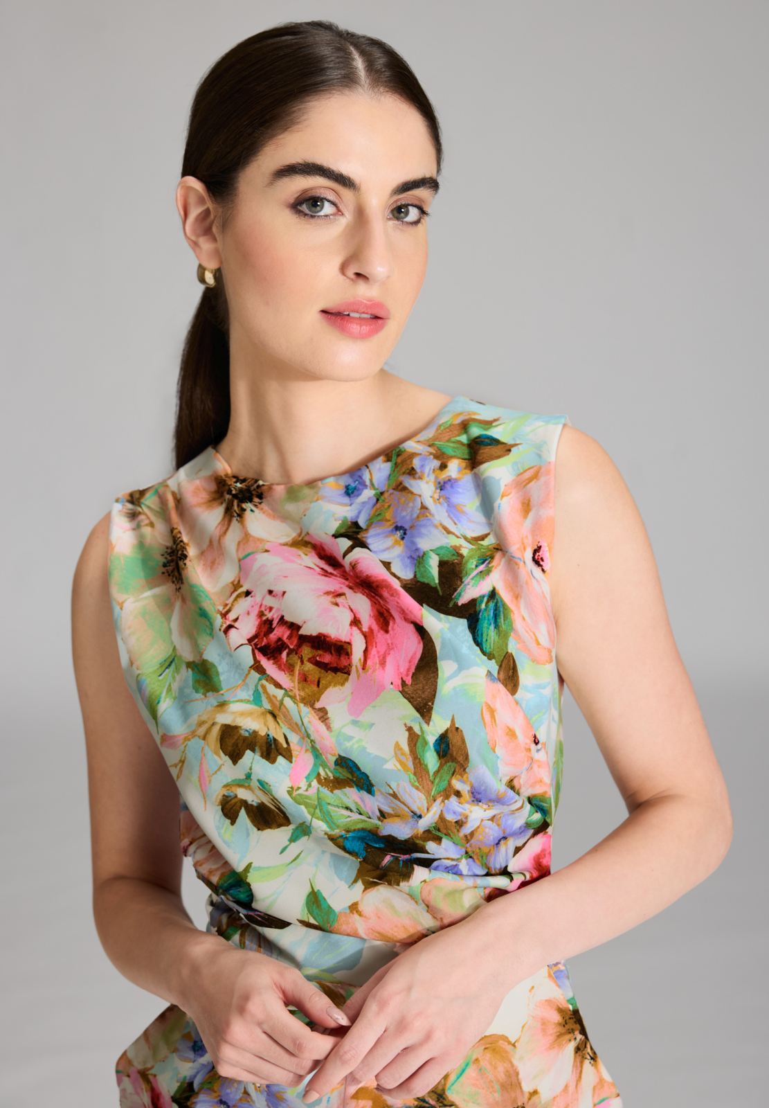 Jumpsuit aus leichtem Scuba mit Blumendruck und Drapierung