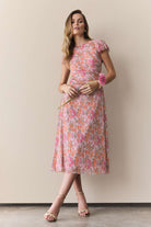 Midi Kleid aus bedrucktem Plissee Jersey mit kurzen Ärmeln raspberry pink multi