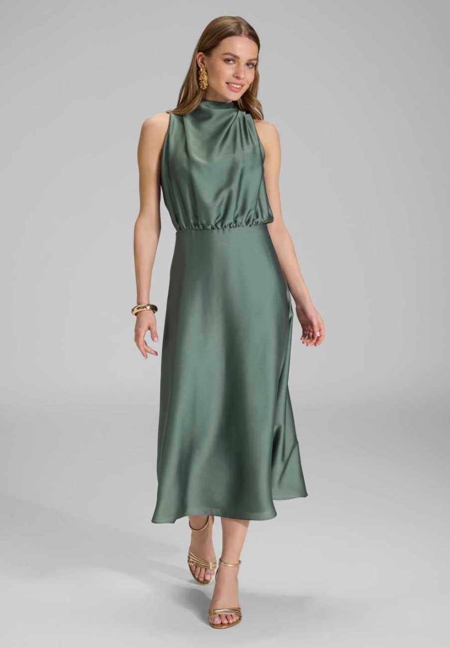 Midi Kleid aus nachhaltigem Satin mit Drapierung am Kragen deep slate