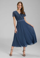 Cocktailkleid Halbarm aus Spitze-Chiffon-Mix timeless blue
