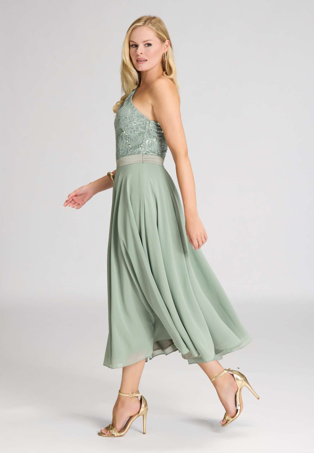 One Shoulder Midi Kleid aus Material Mix