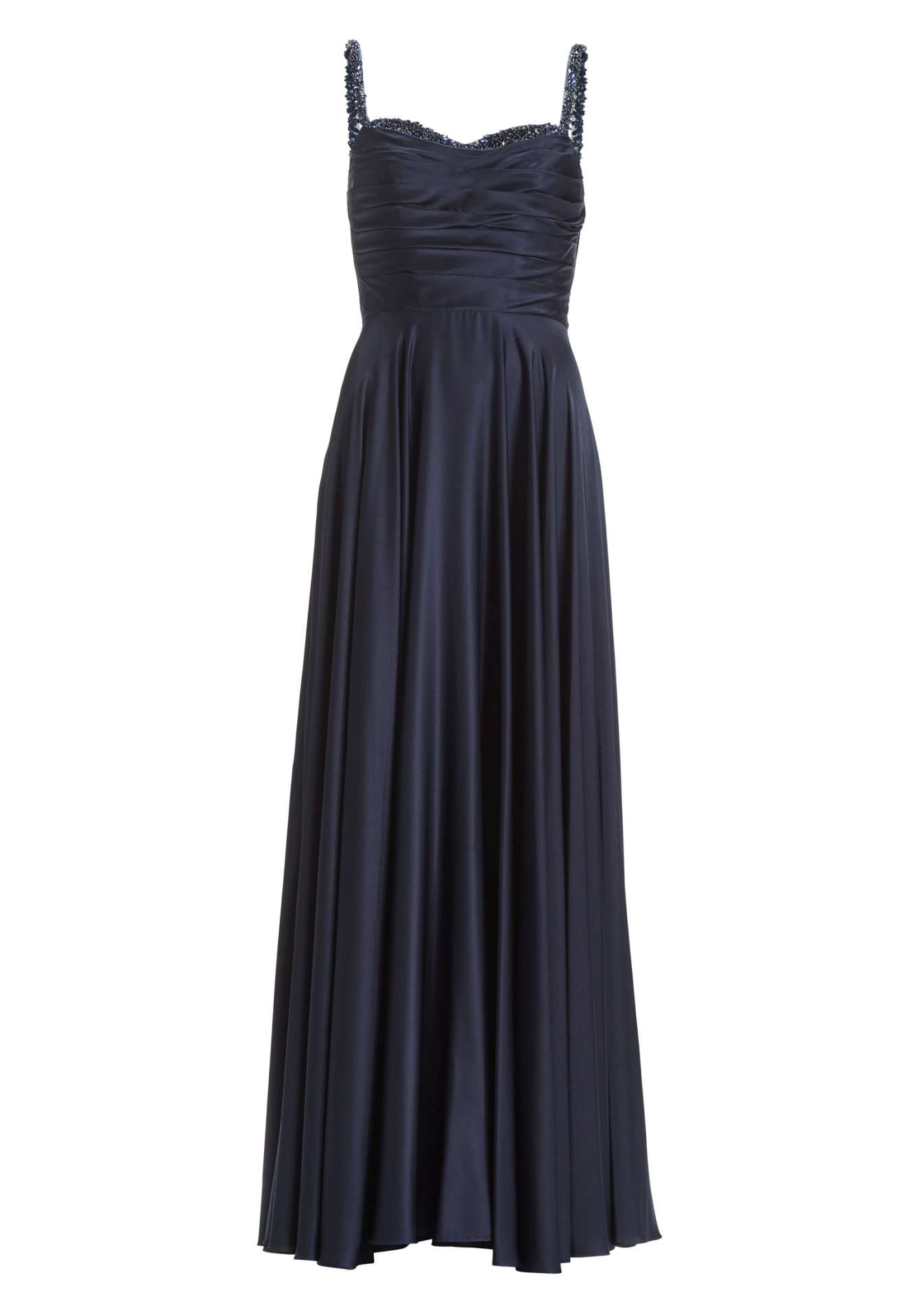 Satinkleid mit drapiertem Top und bestickten Trägern