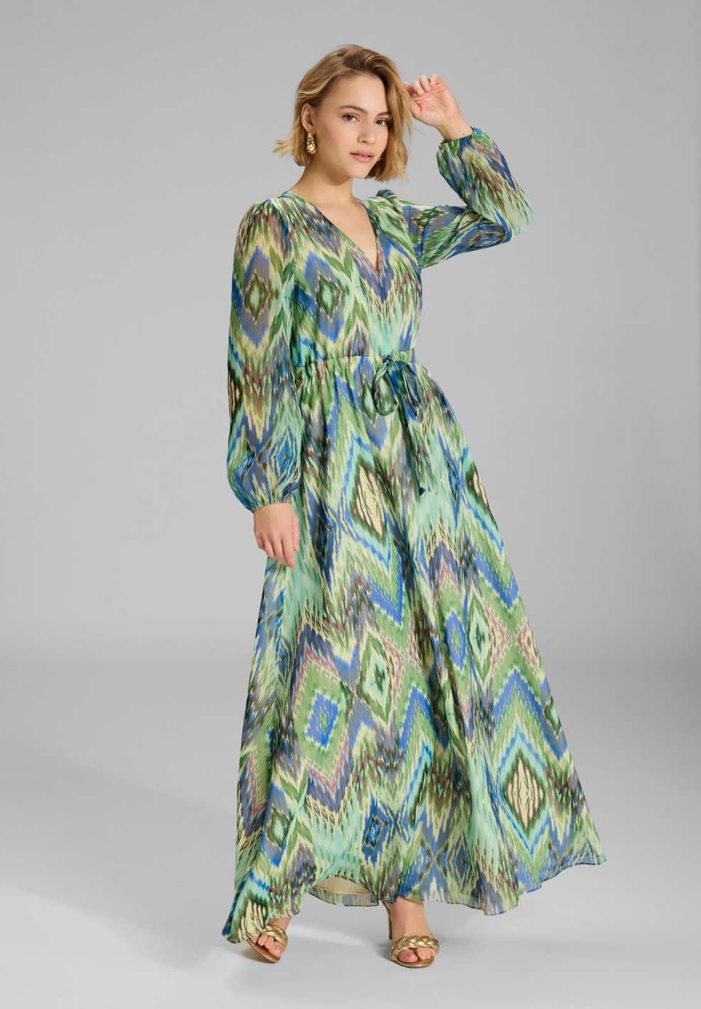 Maxikleid mit langen Ärmeln aus Chiffon mit Zick Zack Print Emerald Green