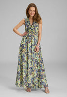 Maxikleid mit Rüschen aus bedrucktem Chiffon mit Glitzerstreifen Buttercup Cream