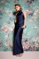 Abendkleid aus Jersey Satin mit Drapierung am Kragen navy