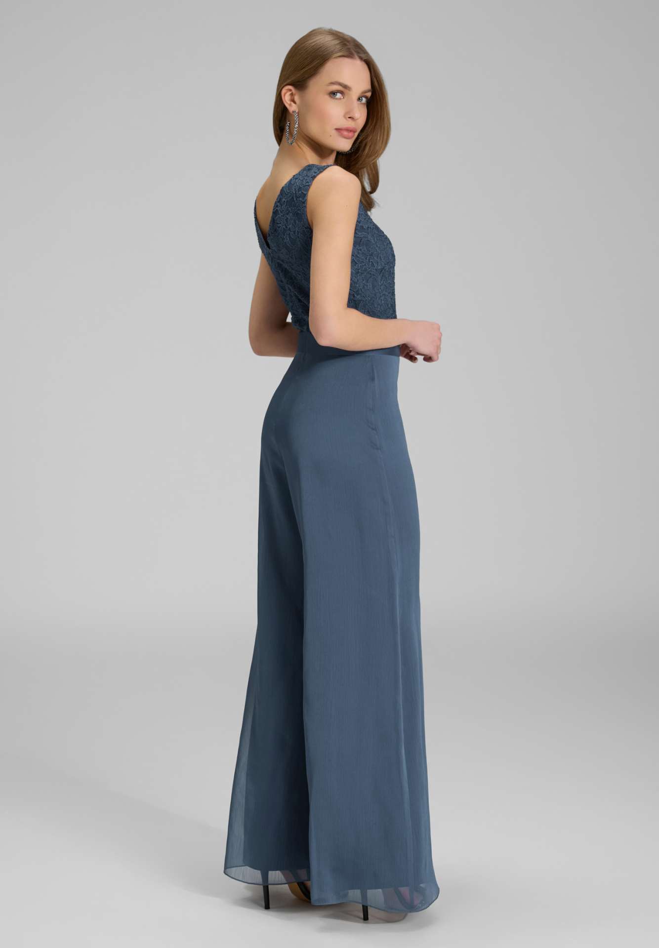 Jumpsuit mit weitem Bein und Oberteil aus elastischer Spitze