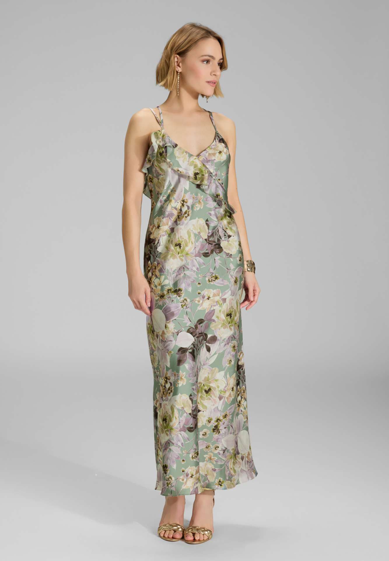 Langes Slip Dress mit Volants aus nachhaltigem bedruckten Satin deep slate multi