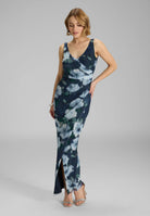 Figurbetontes Abendkleid aus Mesh mit Ikat Druck navy multi
