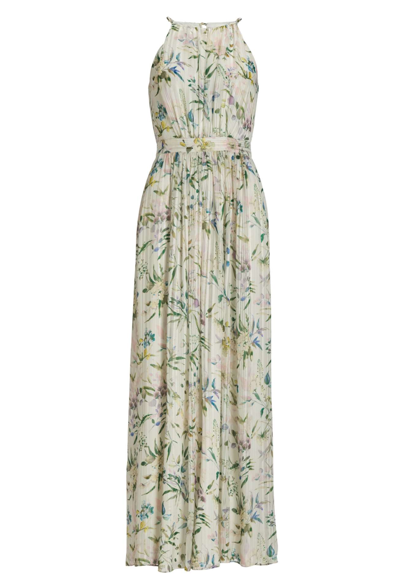 Abendkleid aus bedrucktem Chiffon mit Glitzerstreifen und Zierträgern