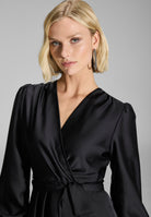 Cocktailkleid aus Satin mit breiten Manschetten, Wickel Oberteil und Tellerrock