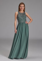 High-closed-Abendkleid mit floraler Spitze deep slate