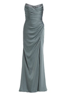 Satinkleid mit Corsagentop und Beinschlitz