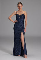 Bodenlanges Paillettenkleid mit Cut-Out Detail navy