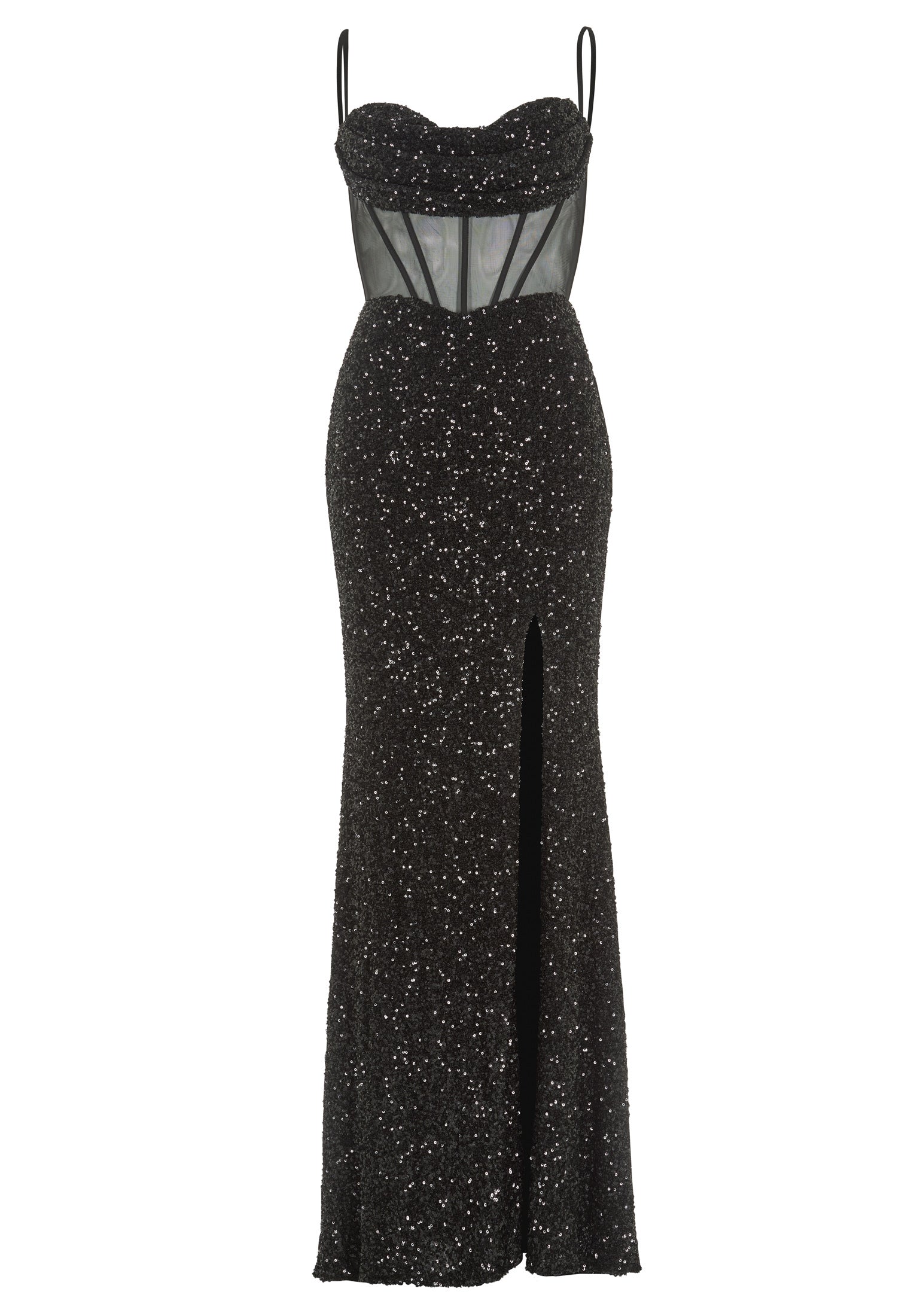 Paillettenkleid mit Taillenpart in See-through Optik