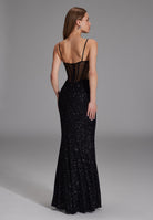 Paillettenkleid mit Taillenpart in See-through Optik