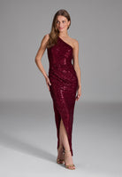 One Shoulder Abendkleid aus elastischer Paillette ruby red