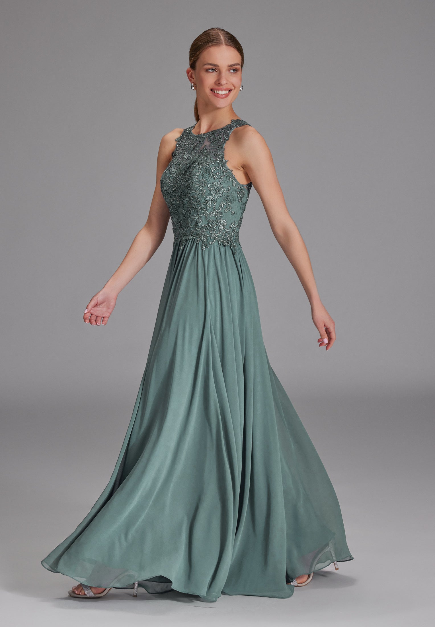 Hochgeschlossenes Kleid mit Spitzenstickerei deep slate