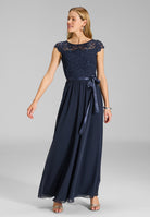 Abendkleid aus Chiffon mit paillettenbesetztem Spitzenoberteil navy
